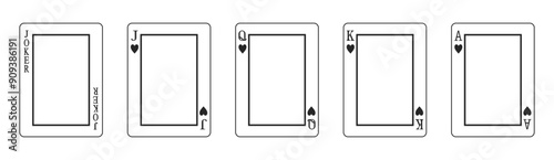 Set of high value hearts playing cards frames or borders including jack, queen, king, ace and joker in vector outline