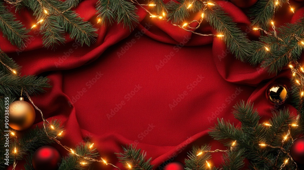 Festive Christmas Background with Red Fabric, Evergreen Branches, Ornaments, and Lights Festive Christmas Background with Red Fabric, Evergreen Branches, Ornaments, and Lights