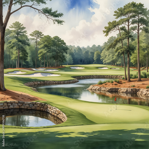 Watercolor illustration of the Robert Trent Jones Golf Trail in Alabama. Capture the scenic beauty of one of the largest golf course collections in the world