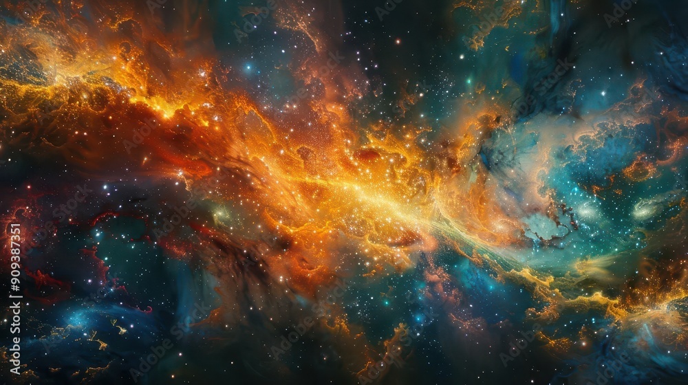 cosmic scene depicting primordial soup of life swirling nebulas distant stars and organic molecules blend in a vibrant abstract representation of universal origins cosmic scene depicting primordial soup of life swirling nebulas distant stars and organic molecules blend in a vibrant abstract representation of universal origins