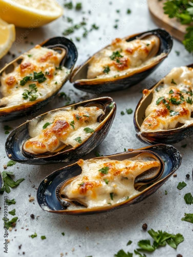 juicy mussels with cheese and chili peppers with herbs. delicious sea food juicy mussels with cheese and chili peppers with herbs. delicious sea food
