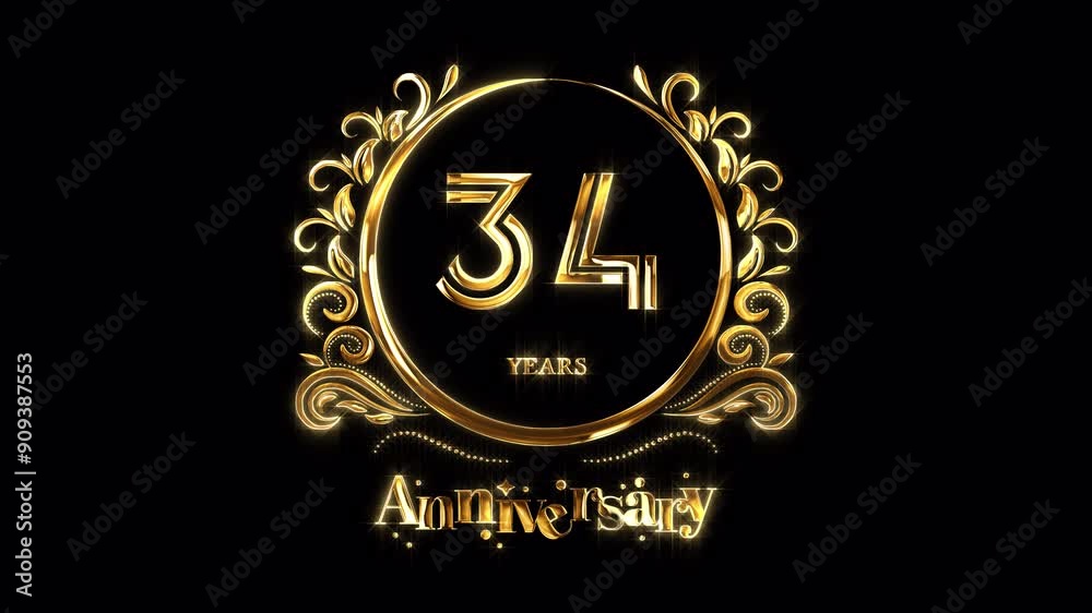 34th Anniversary Celebration. Happy 34 Years Anniversary Animation in Gold Color on the Transparent Background, Alpha Channel. Great for greetings, celebrations, events, and gifts.