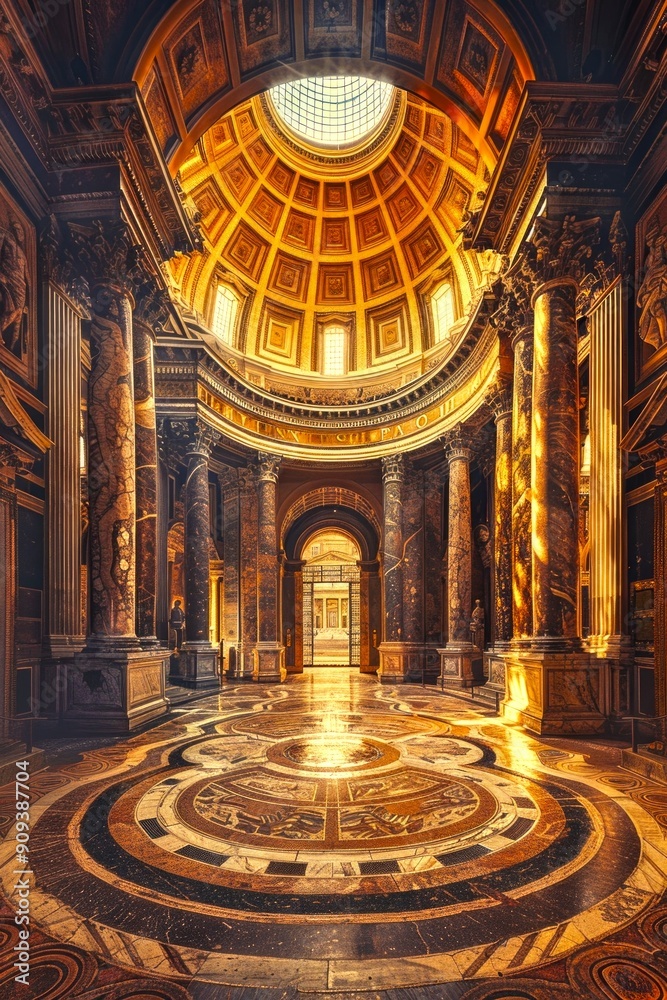 Obraz premium Majestic interior of a grand rotunda with stunning architectural details. High detailed columns and intricate patterns under a golden dome. Ideal for arts and architecture themes. AI