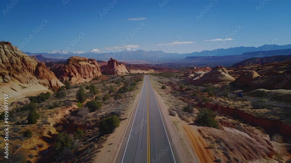 Fototapeta premium Highway through red rock desert landscape with mountain backdrop