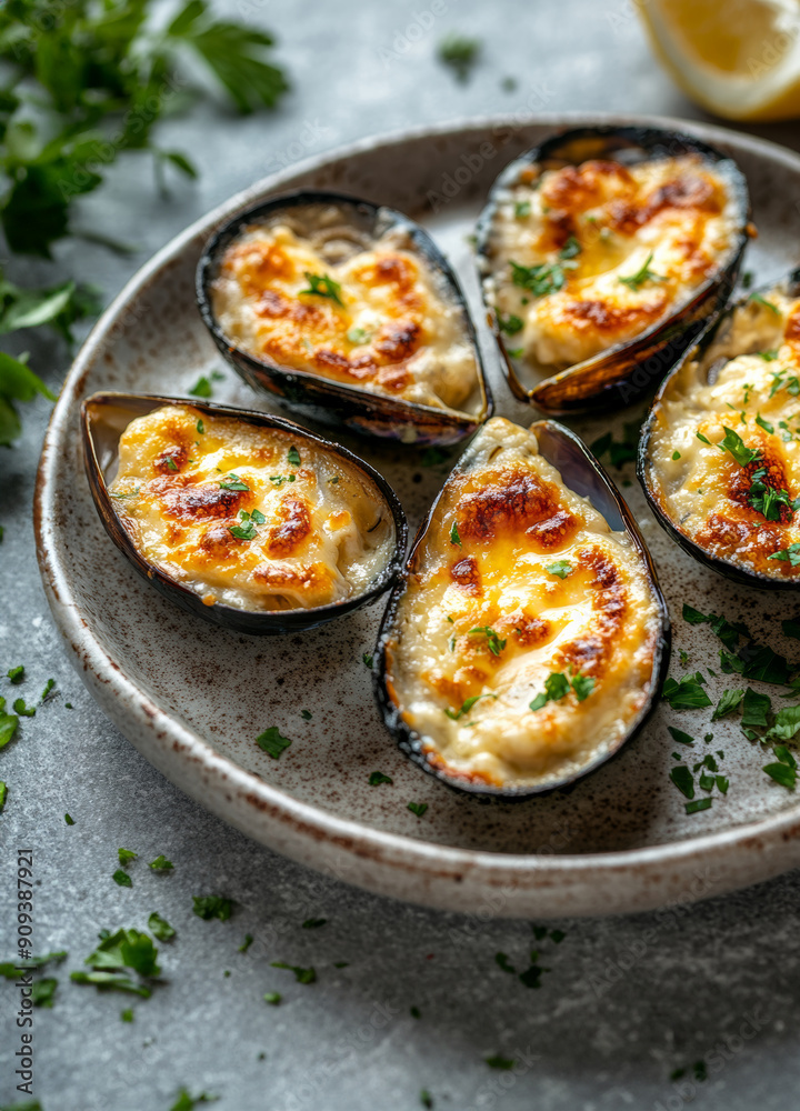 juicy mussels with cheese and chili peppers with herbs. delicious sea food juicy mussels with cheese and chili peppers with herbs. delicious sea food