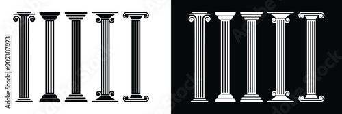 Set of Ancient roman columns symbol collection. Pillar icon. Law Marble Sculpture. Vector Illustration.