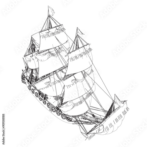 Outline of an ancient sailing frigate made of black lines isolated on a white background. Vector illustration.