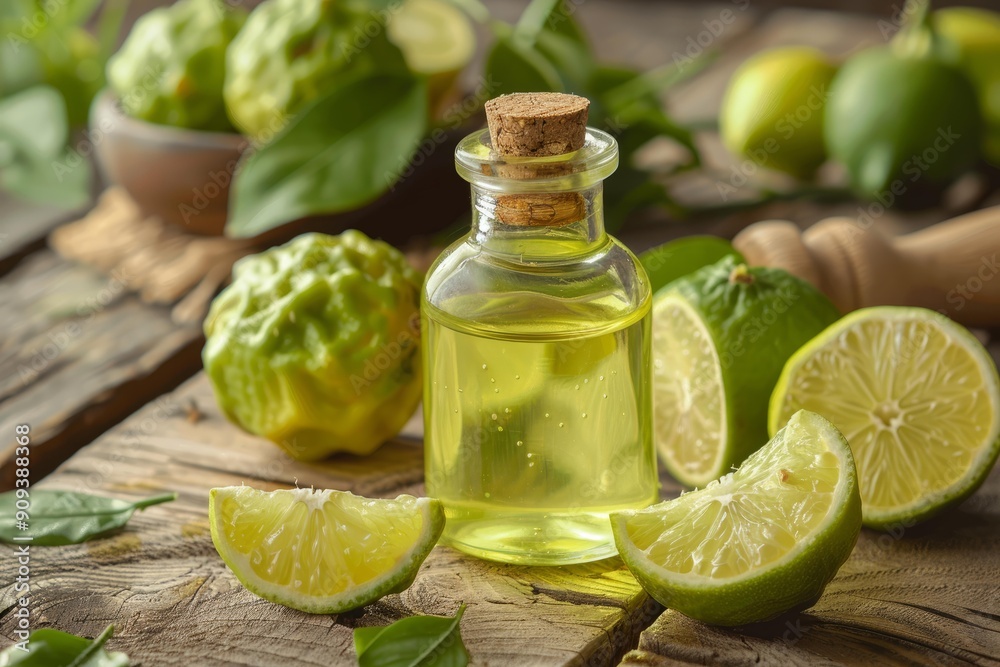 Bottle of essential oil is surrounded by bergamot and lime on a rustic wood table Bottle of essential oil is surrounded by bergamot and lime on a rustic wood table