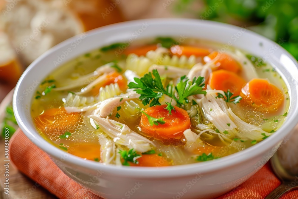 Chicken noodle soup with carrots, celery, parsley, and chicken in a white bowl Chicken noodle soup with carrots, celery, parsley, and chicken in a white bowl
