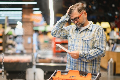 Minded man viewing receipts in supermarket and tracking prices