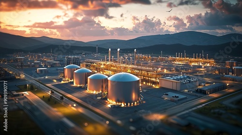 Industrial LNG Liquefied Natural Gas LNG export terminal, futuristic infrastructure, holographic logistic solutions, advanced energy trade
