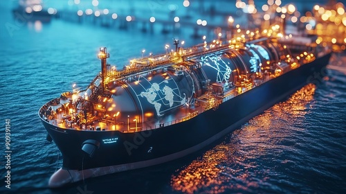 Industrial LNG Liquefied Natural Gas LNG shipping routes, holographic mapping systems, futuristic maritime technology, global energy trade