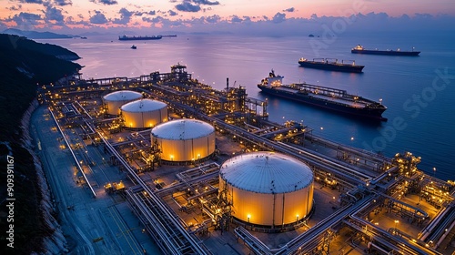 Industrial LNG Liquefied Natural Gas An aerial view of a large LNG terminal at dusk