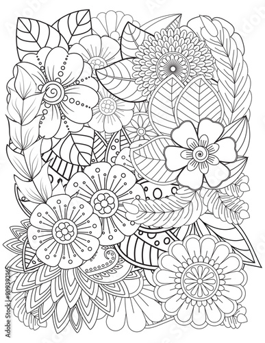 Black and white flower pattern for adult coloring book. Flower pattern in black and white for adult coloring book. Can use for print , coloring and card design, adult coloring book, 