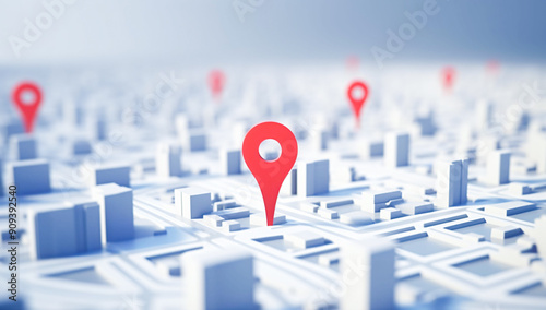 3D city map with a red location pin marking a specific location