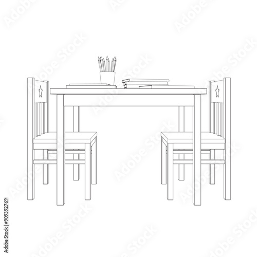 Outline of a rectangular table with two chairs made of black lines isolated on a white background. Books and pencils lie on the table. Children's place. Vector illustration.