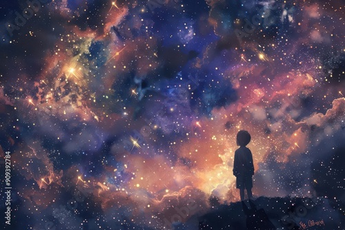 ethereal night sky scene with a silhouetted boy gazing up at a swirling galaxy of stars nebulas and cosmic dust creating a magical and wonderfilled atmosphere photo