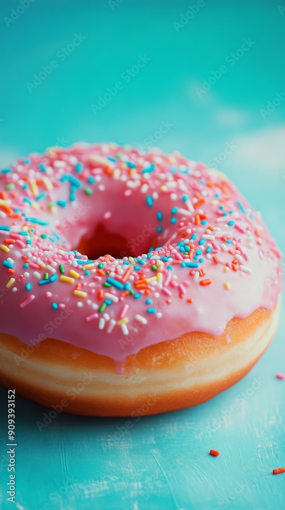 Pink frosted donut with colorful sprinkles on a turquoise background, close-up shot. Sweet food and dessert concept Pink frosted donut with colorful sprinkles on a turquoise background, close-up shot. Sweet food and dessert concept