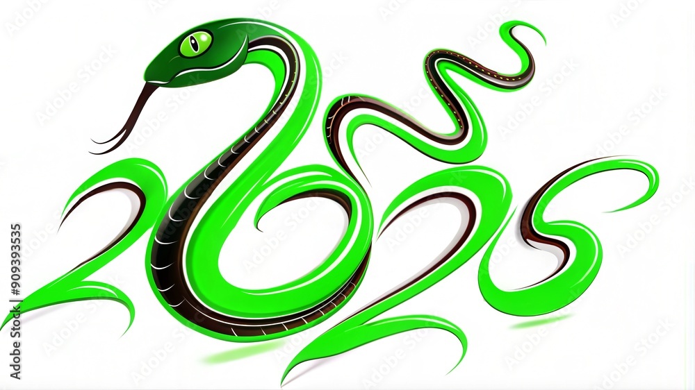 Green cute kind snake next to the inscription 2025 as a symbol of the new year Green cute kind snake next to the inscription 2025 as a symbol of the new year