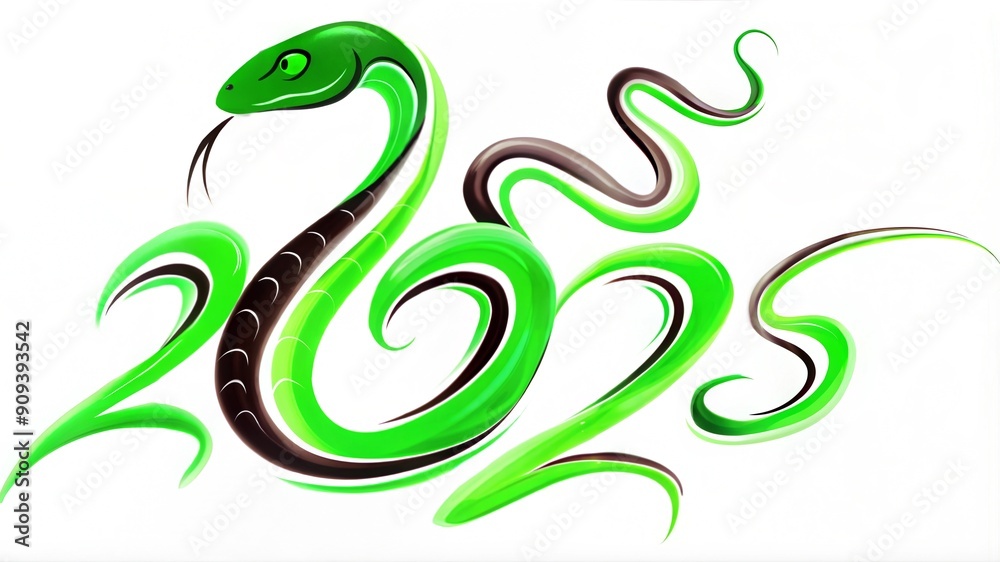 Green cute kind snake next to the inscription 2025 as a symbol of the new year Green cute kind snake next to the inscription 2025 as a symbol of the new year