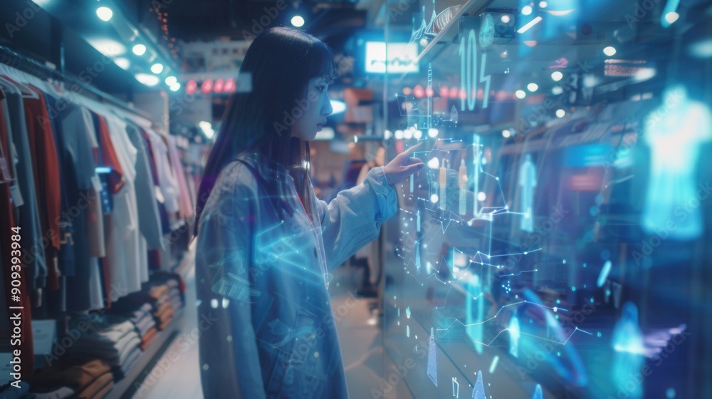 Female shopping in virtual reality world. Futuristic shopping concept. Female shopping in virtual reality world. Futuristic shopping concept.