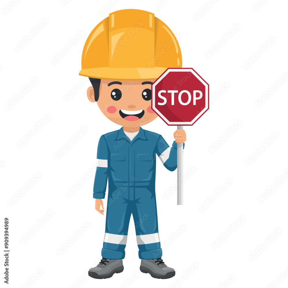 Industrial mechanic worker with stop sign. Engineer with his personal protective equipment. Safety first. Industrial safety and occupational health at work Industrial mechanic worker with stop sign. Engineer with his personal protective equipment. Safety first. Industrial safety and occupational health at work