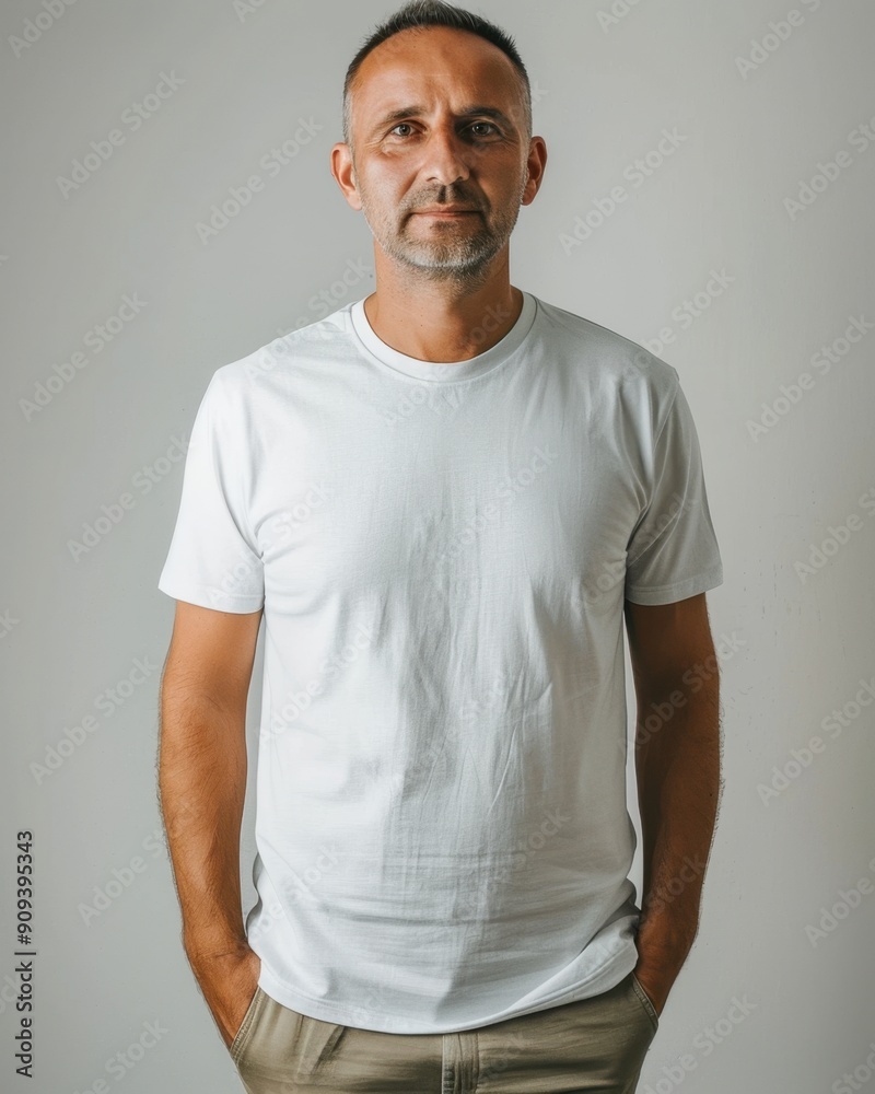Caucasian middle-aged man in a white t-shirt standing with hands in pockets, looking confidently at the camera. Caucasian middle-aged man in a white t-shirt standing with hands in pockets, looking confidently at the camera.