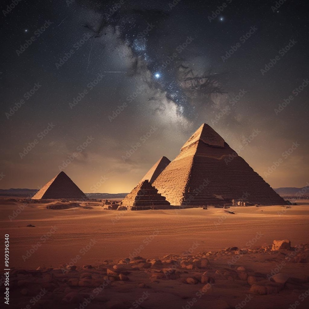 A Beautiful Image Of The Pyramids Of Giza Under A Starry Night The Surreal Contrast Between The Ancient Stone