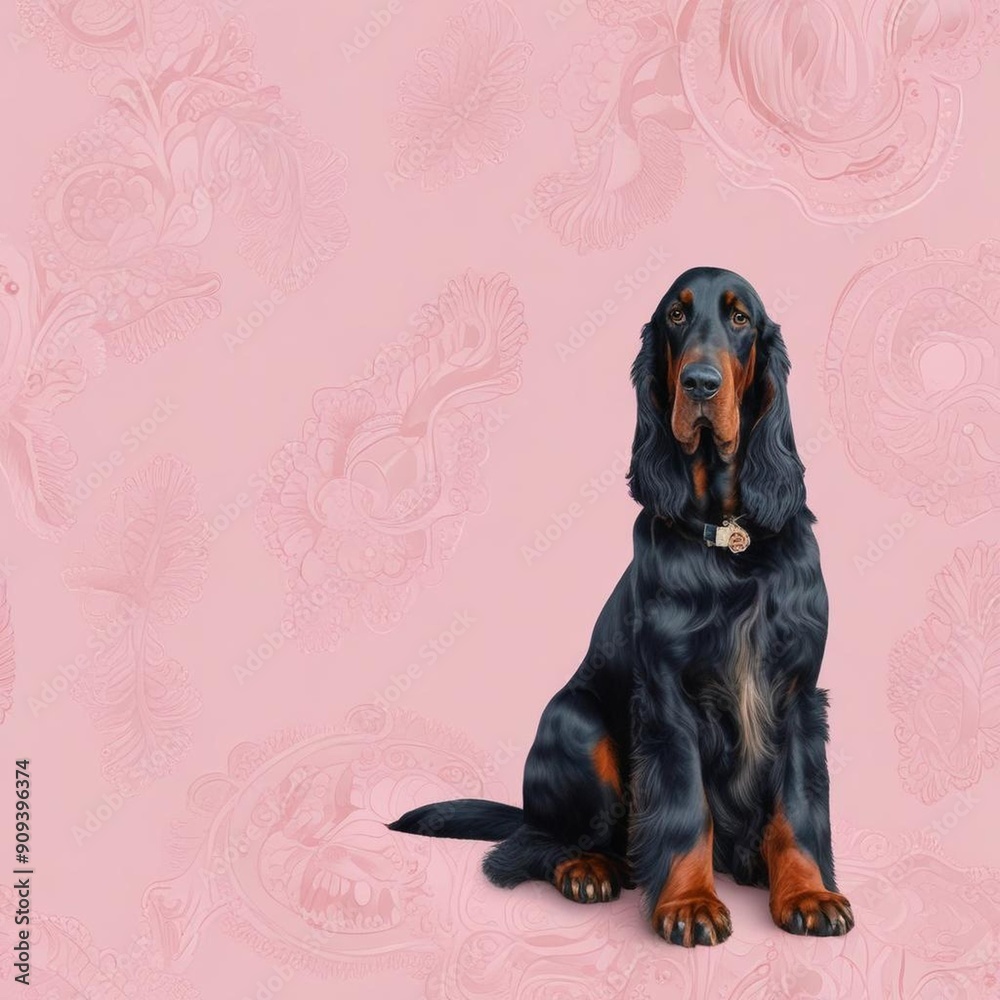 A Luxurious Professional Image Of A Graceful Gordon Setter Posed Elegantly On A Soft Pink The Intricate Patterns And A Luxurious Professional Image Of A Graceful Gordon Setter Posed Elegantly On A Soft Pink The Intricate Patterns And