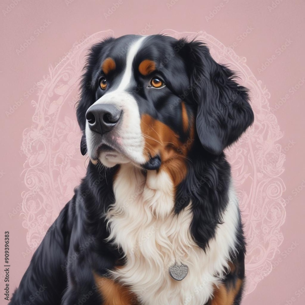 A Luxurious Professional Image Of A Graceful Bernese Mountain Dog Posed Elegantly On A Soft Pink The Intricate Patterns A Luxurious Professional Image Of A Graceful Bernese Mountain Dog Posed Elegantly On A Soft Pink The Intricate Patterns