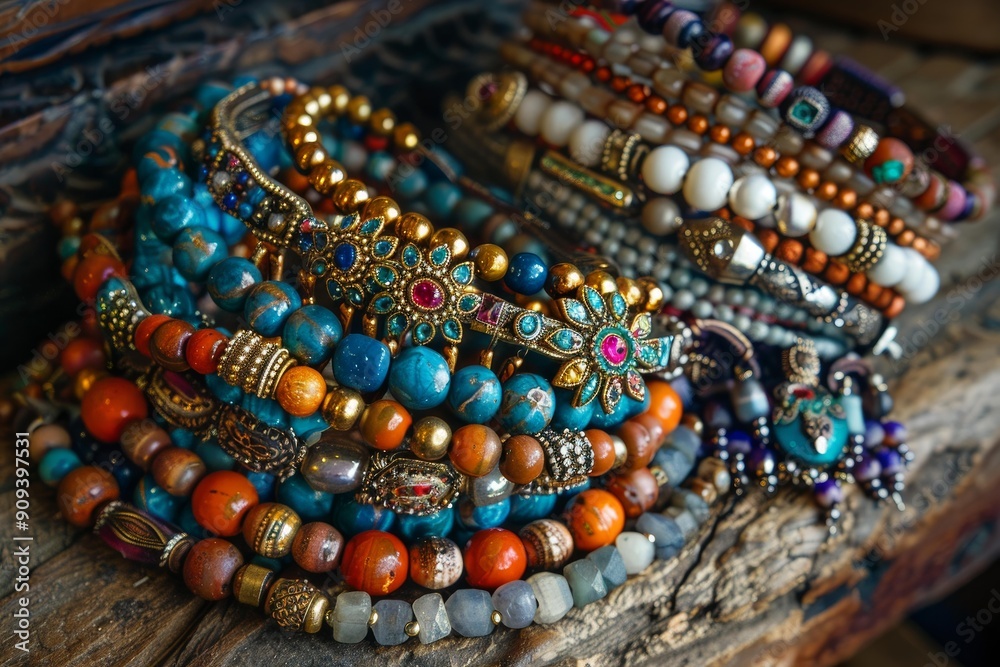 Φωτογραφία Colorful handmade jewelry bracelets with gemstones are lying on a wooden backgro