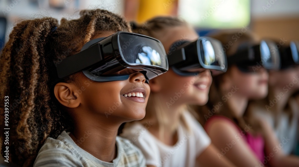 Interactive school concept of kids wearing VR virtual reality glasses. E-learning, education and learning concept.. Interactive school concept of kids wearing VR virtual reality glasses. E-learning, education and learning concept..