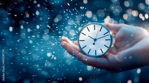 A hand holding a clock amidst a rain of shimmering droplets, symbolizing the passage of time and fleeting moments. photo