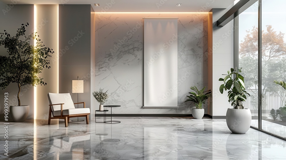 elegant rollup banner mockup displayed in a sleek modern corporate lobby with marble floors ambient lighting and minimalist decor elegant rollup banner mockup displayed in a sleek modern corporate lobby with marble floors ambient lighting and minimalist decor