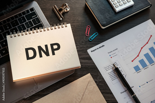 There is notebook with the word DNP. It is an abbreviation for Distributed Network Protocol as eye-catching image. photo