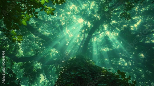 enchanted forest canopy viewed from below sunlight dapples through emerald leaves creating a mesmerizing kaleidoscope effect ancient tree trunks twist skyward home to mystical creatures