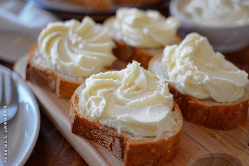 Delicious slices of bread topped with fresh cream cheese, perfect for a quick and easy snack or breakfast