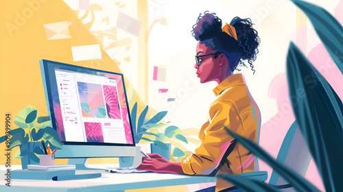 A woman at a laptop is developing an interface for a website page. Graphic designer and freelancer at work. Creativity and art. Cartoon flat vector illustration