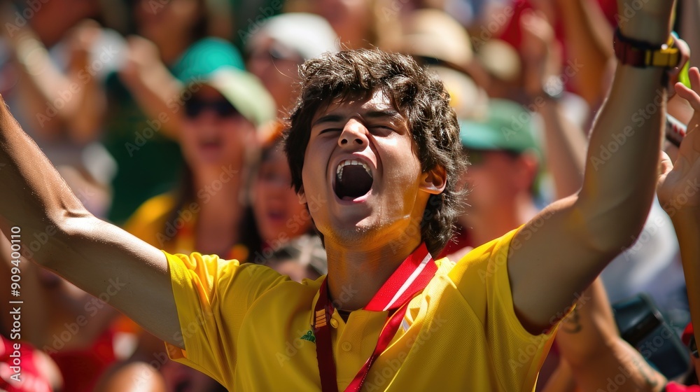 A man in a yellow shirt is cheering with his hands in the air. The crowd is watching him and cheering as well A man in a yellow shirt is cheering with his hands in the air. The crowd is watching him and cheering as well