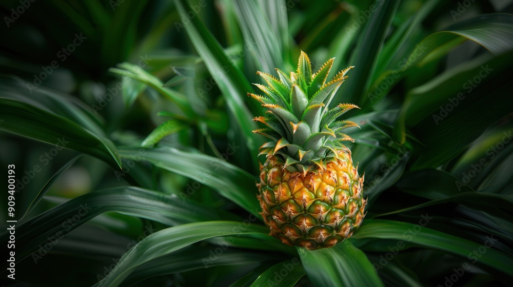 Fresh pineapple fruit growing in plantation field in farm Fresh pineapple fruit growing in plantation field in farm