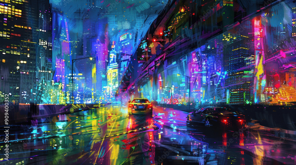 Urban night scene with a car driving under a bridge, surrounded by colorful city lights Urban night scene with a car driving under a bridge, surrounded by colorful city lights