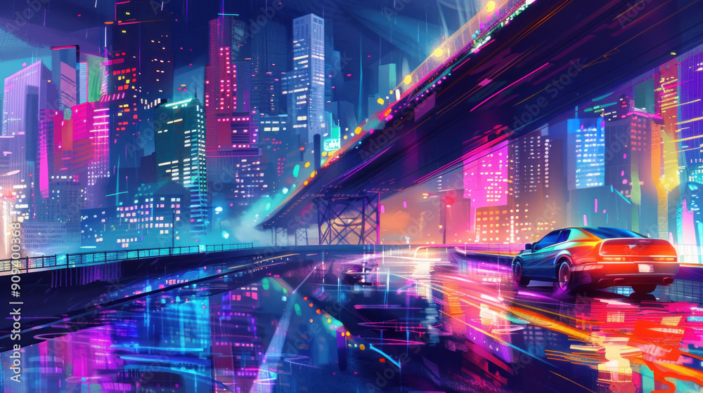 Fototapeta premium Urban night scene with a car driving under a bridge, surrounded by colorful city lights