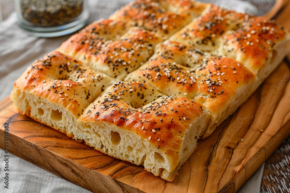 Delicious focaccia bread topped with herbs and sesame seeds resting on a wooden cutting board Delicious focaccia bread topped with herbs and sesame seeds resting on a wooden cutting board