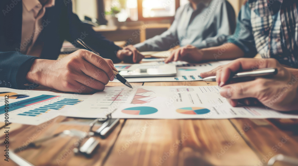 Real estate brokers in a business meeting, focused on a startup project analysis with documents and charts Real estate brokers in a business meeting, focused on a startup project analysis with documents and charts