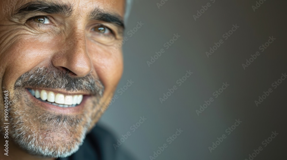 Close-up portrait of a mature man with a warm smile and grey beard, exuding confidence and happiness. Close-up portrait of a mature man with a warm smile and grey beard, exuding confidence and happiness.