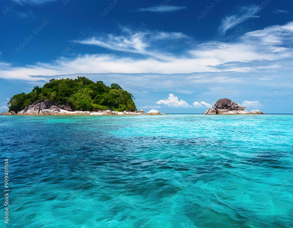 Scenery of clear blue rippling sea with rocky island Scenery of clear blue rippling sea with rocky island