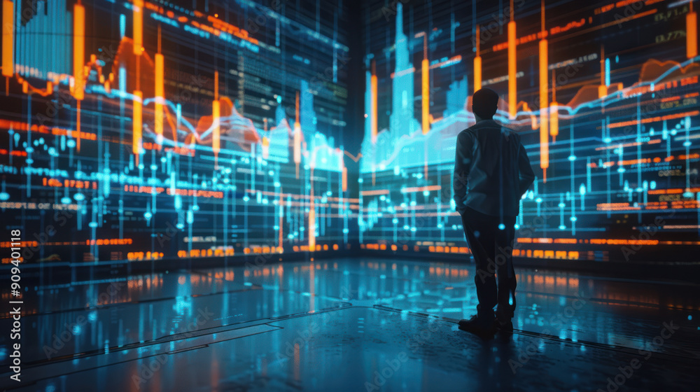 Trader using holographic technology to present stock market growth and business progress Trader using holographic technology to present stock market growth and business progress