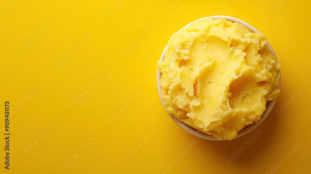 creamy mashed potatoes in a white bowl on a vibrant yellow background, with copy space for text creamy mashed potatoes in a white bowl on a vibrant yellow background, with copy space for text