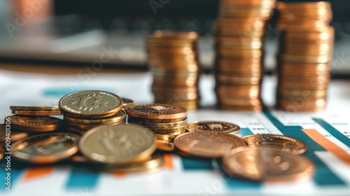 Planning for increased business profits, with charts, graphs, and a stack of coins on a desk