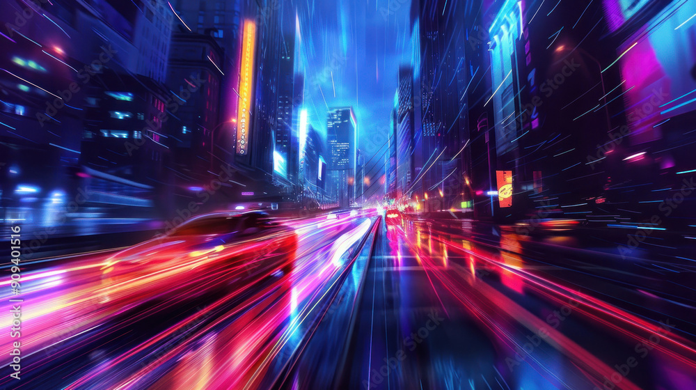 Nighttime cityscape with a car speeding down an urban road, colorful lights and blurred motion Nighttime cityscape with a car speeding down an urban road, colorful lights and blurred motion